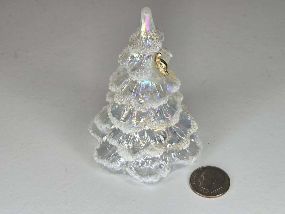Fenton Iridescent Clear Glass Christmas Tree White Flocking Gold Partridge Bird